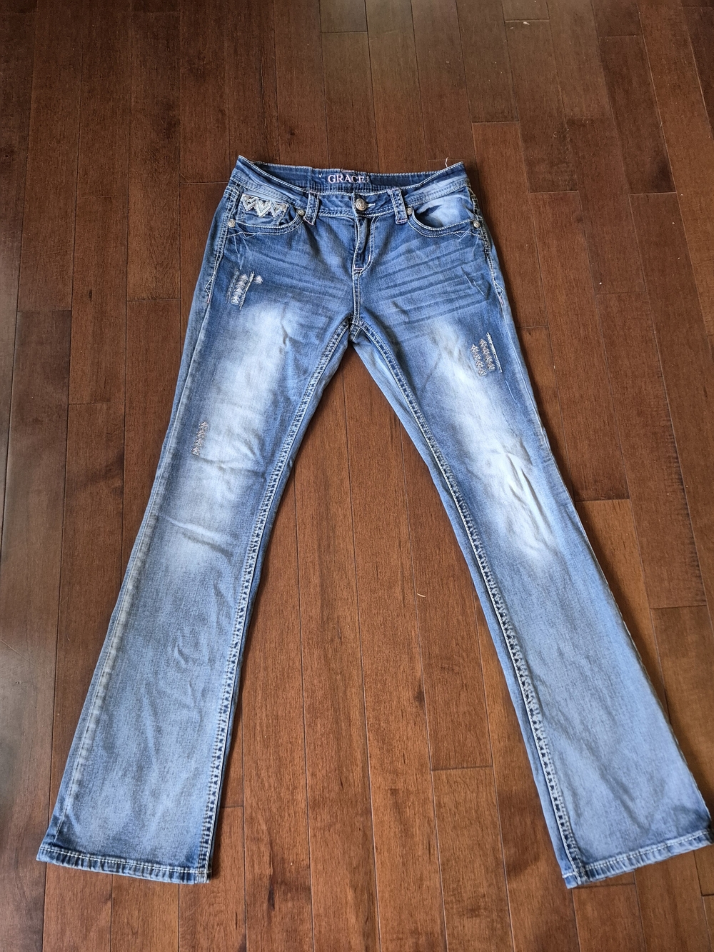 Grace in LA Faded Blue Distressed Bootcut Jeans